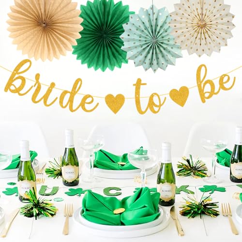 Image of Sage Green Champagne-Gold Bachelorette Party-Decorations - 21pcs Baby Bridal Shower Banner Garland, Bride To Be Paper Streamers Lanterns,flower Tissue Pom Poms Fan,Wedding Backdrop Decor Huglony