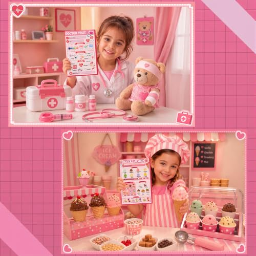 Image of Eaasty 12 Pack Kids Pretend Play Notepads 4x12 Inch,Girls | 6 Career Themes Pink Princess Makeup Nail Hair Flower, 40 Pages per Notepad for Toddlers Imaginative Activity and Learning