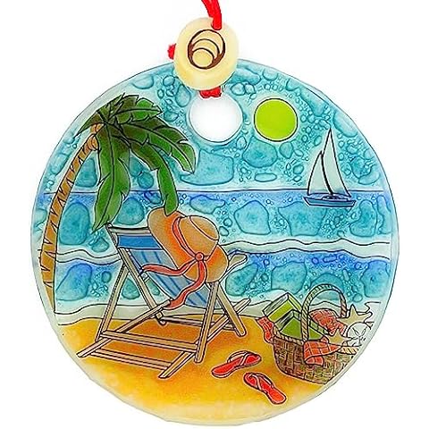 Bolla Glass Art - Beach Scene Ornament, Fused Glass, 2.5 inch Flat, Christmas Hanging Suncatcher (Beach Collection) Cover