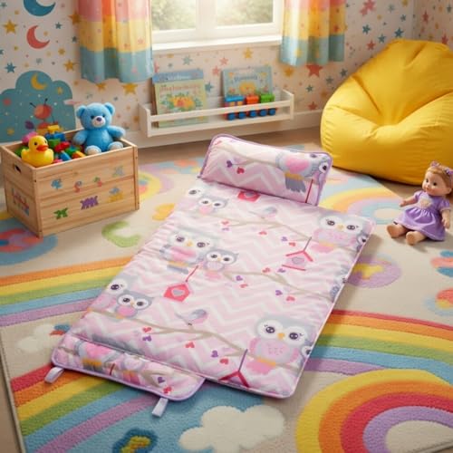 Image of EVERYDAY KIDS Nap Mat with Removable Pillow - Carry Handle with Straps Closure, Rollup Design, Soft Microfiber for Preschool, Daycare, Travel Sleeping Bag - Sweet Owls