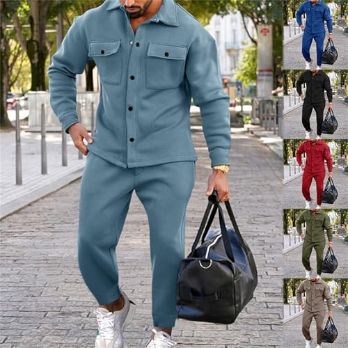 Athleisure 2-Piece Suede Set, Mens Sweatsuits 2 Piece Outfits, Men Shirt Jacket Jogging Pants 2 Pieces Loose Casual Suits2