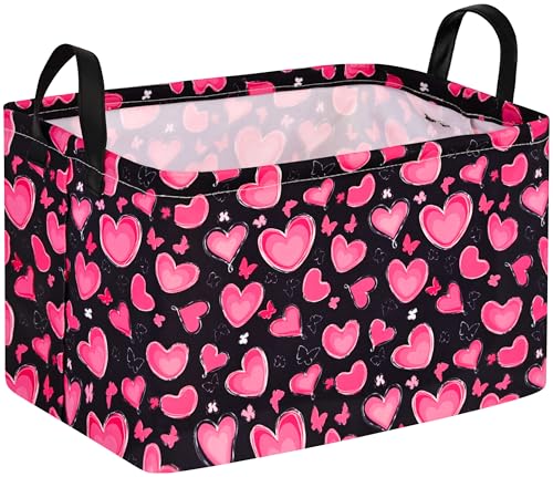 Image of MAIZMZ Empty Gift Basket for Girls Heart Print Storage Cube for Women, Closet Shelf Waterproof Organizer Bins with Handles Nursery hamper Kids Toys Books Box Room Deco