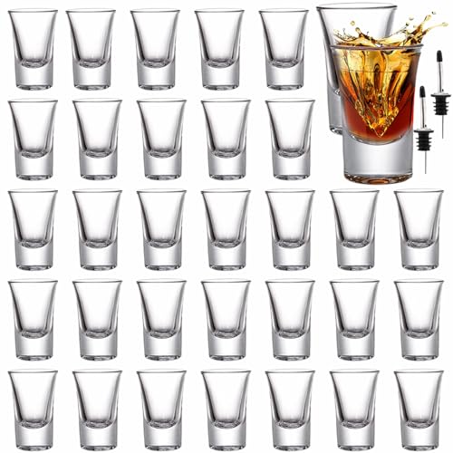 Tebery 30 Pack Shot Glass Bulk Heavy Base, 1.2 Oz Tequila Glass Set with 2 Bottle Pourer, Clear Small Whiskey Shot Glass Cups for Vodka, Liquors, Cocktail, Espressos, Bar