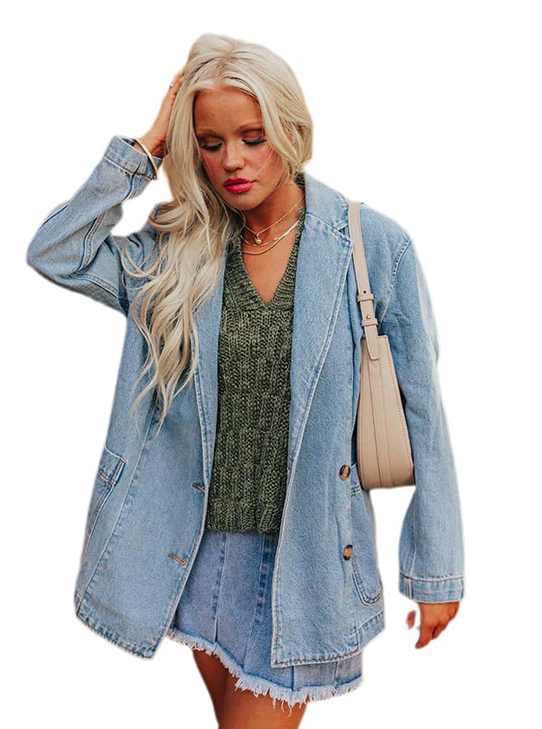 Women's Oversized Non-Stretch Denim Blazers Notched Lapel Jean Shacket Coat Cover Ups