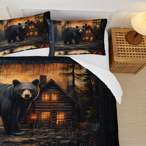 Image of Black Bear Comforter Set Full Size for Boys Kids,Rustic Theme Woodland Cabin Lodge Bear Hunting Bedding Set,Soft Microfiber Wildlife Forest Animals Print Quilt Set