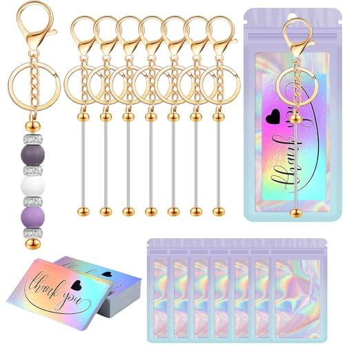 Image of 42 /84 /126 Pcs Beadable Keychain Bars Bulk Blank DIY Beaded Keychain Making Supplies with Bag Thank You Card
