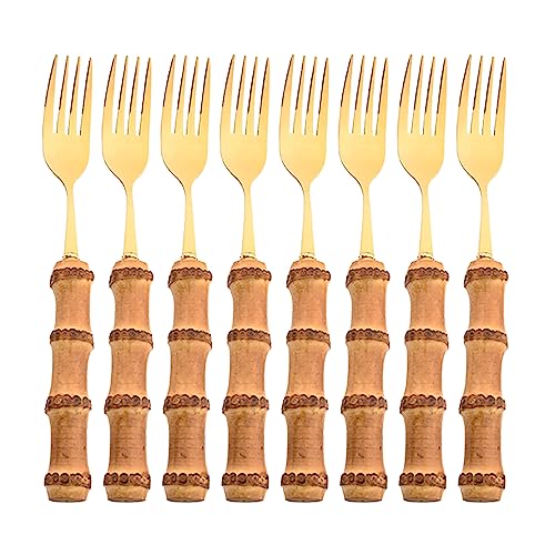 Snplowum 8pcs Dinner Fork, Stainless Steel and Natural Bamboo Cutlery Table Fork, Resuable Mirror Polish, Elegant and Exquisite Salad Fork, 8.07-inch, Gold