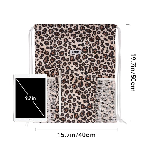 Image of WANDF Drawstring Backpack Sports Gym Sackpack with Mesh Pockets Water Resistant String Bag for Women Men (Pink Leopard)