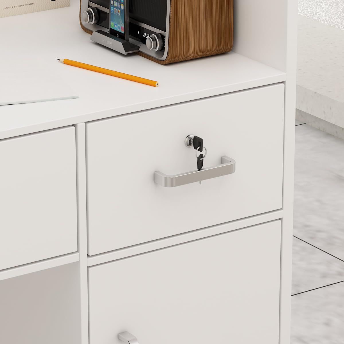 Caldion Mostrador de Recepción para Caja y Venta al por Menor, Mesa de Mostrador con Gran Espacio de Almacenaje, Cintas Plateadas, para Oficina Boutique SPA Blanco