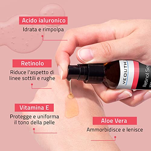 Retinolo Viso con Acido Ialuronico, Siero Viso Retinolo, Retinol Serum for Face, Retinolo per l'acne, Rughe e Macchie Scure, Siero Antinvecchiamento, Siero Viso al Retinolo da YEOUTH