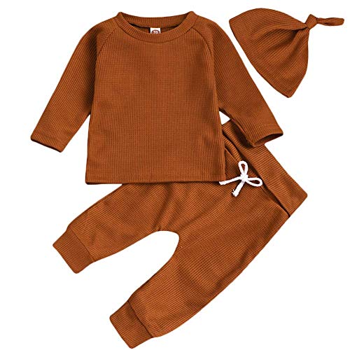 Tenue 3 pièces pour bébé garçon et fille - Pyjama à manches longues - Pantalon - Couleur unie - 0-24 mois, marron, 24 mois Cover