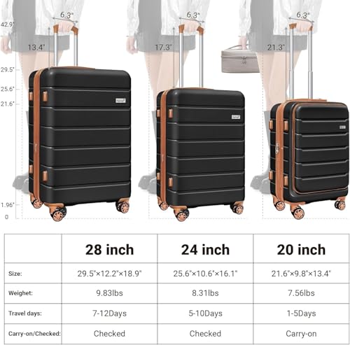 SmileLine 3-Piece Luggage Set Lightweight Hardside Suitcase TSA Lock Spinner Wheels, 20" Expandable Carry-On Luggage with Quick Access Front Open Pocket, Bonus Makeup Bag, 20/24/28 inch, Apricot Black3