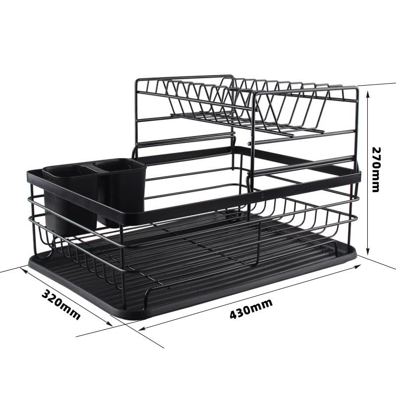 Image of ZROY 2-Tier Large Capacity Dish Drying Rack with Drain Tray - Rust-Resistant Steel Kitchen Organizer with Utensil Holder, Plate Stand & Cup Storage for Countertop (Black Rack 2-Tier)