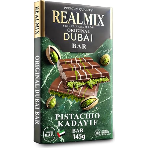 REALMIX Chocolate con Leche Dubái directamente desde Dubái EAU | Auténtico chocolate con leche Dubái con pistachos y relleno de Kunafa | Fabricado en Dubái E.A.U. | (Big, Milk Chocolate)