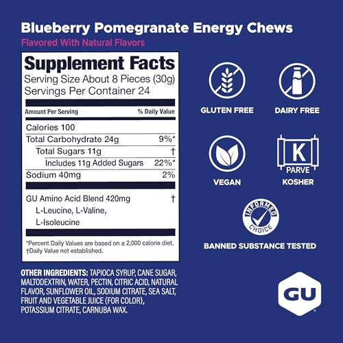 Image of GU Energy Chews, Blueberry Pomegranate, Electrolyte Gummies,12 Bags (24 Servings Total)