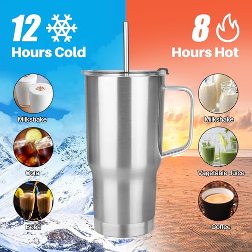 Image of 20 oz Tumbler with Handle, Stainless Steel Insulated Tumbler with Lid and Straw, Double Wall Vacuum Coffee Mug Tumbler, Insulated Coffee Thermal Cup for Cold and Hot (Silver)
