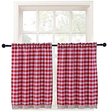 Kitchen Curtains for Dining Room Checkered Cotton Blend Tier Curtain Window Treatment Drapes for Living Room Set of 2 Each 29 x 36 inches Rod Pocket Red