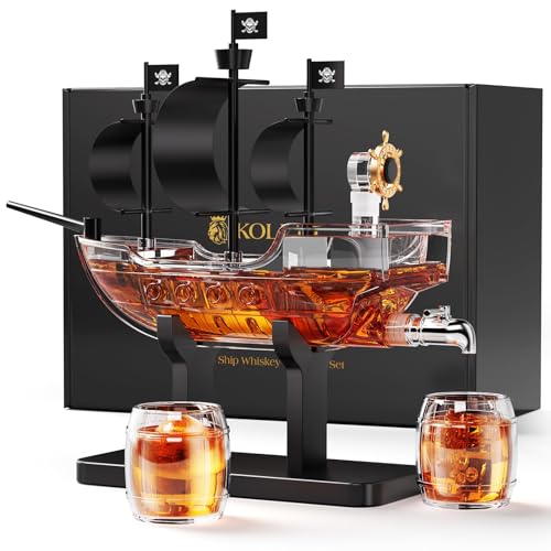 Kollea Birthday Gifts for Men Dad, Piratenschiff Whisky Dekanter Set mit 2 Gläsern, Spirituosenspender für Home Bar, lustige Geschenkideen für ihn, Freund, Jubiläum, Seemann & Kapitän