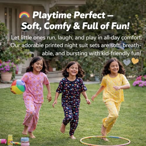 Image of T2F Girls Cotton Printed Pajama Set (Pack of 3)