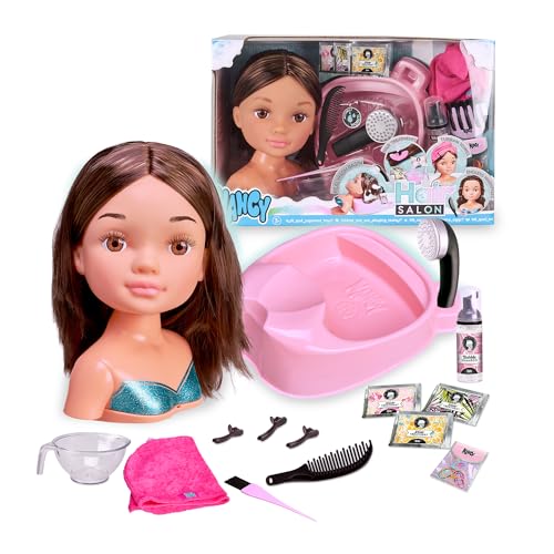 Nancy Hair Salon - Busto Morena con Lavacabezas Funcional, Incluye Champú Especial, Tratamientos, Mascarillas, Toalla Turbante, Peine y Gomas para Crear Infinitos Peinados, +3 años, Famosa (NACB3000)