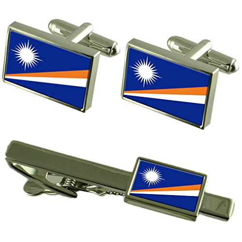 Gemelos de la Bandera de Islas Marshall y clip de corbata con caja elegante para hombre