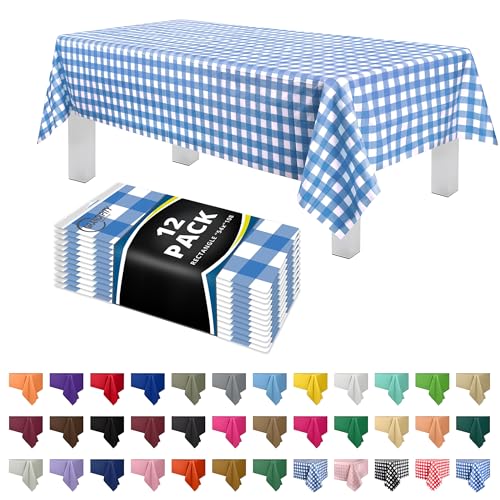 Image of Grandipity Plastic Table Cloth Disposable 12 Pack 54 inch x 108 inch Rectangle | Blue Gingham Plastic table covers, durable disposable tablecloths, fade and tear-resistent table cover for party, event