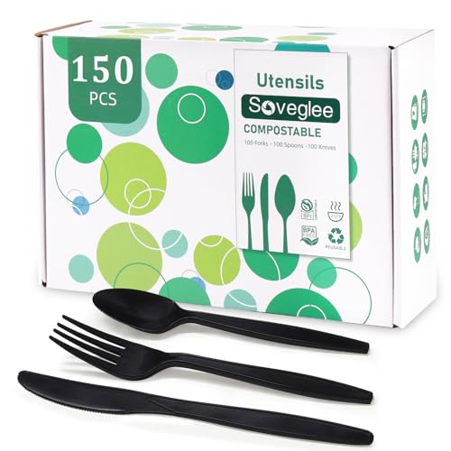 Black No Plastic Silverware, Disposable Compostable Utensils 50 Forks 50 Spoons 50 Knives Disposable Cutlery, Eco Friendly Compostable Utensils, Disposable Forks Spoons Knives Set for Party Office