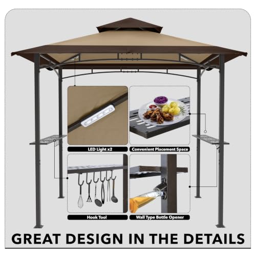 Image of MASTERCANOPY 8 x 5 Grill Gazebo Outdoor BBQ Gazebo Canopy with 2 LED Lights (Brown Stitching Khaki)