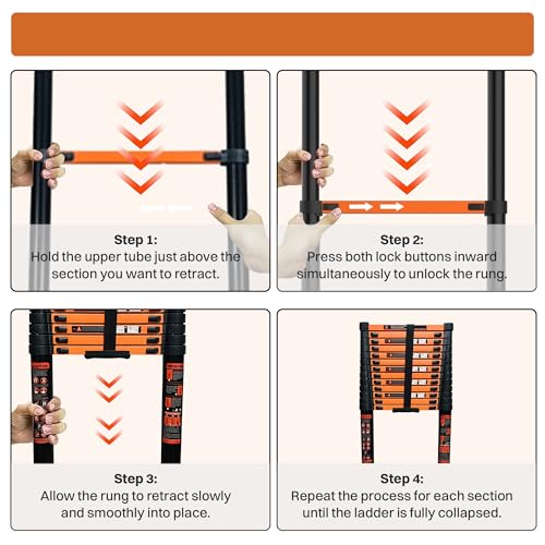 Image of BonKaso Telescopic Ladder 5.5m (18 Ft), 14 Steps | Heavy-Duty Foldable Alloy Steel Ladder with Anti-Slip Steps, 150kg Load Capacity, Rustproof, EN131 Certified | Matt Black & Orange