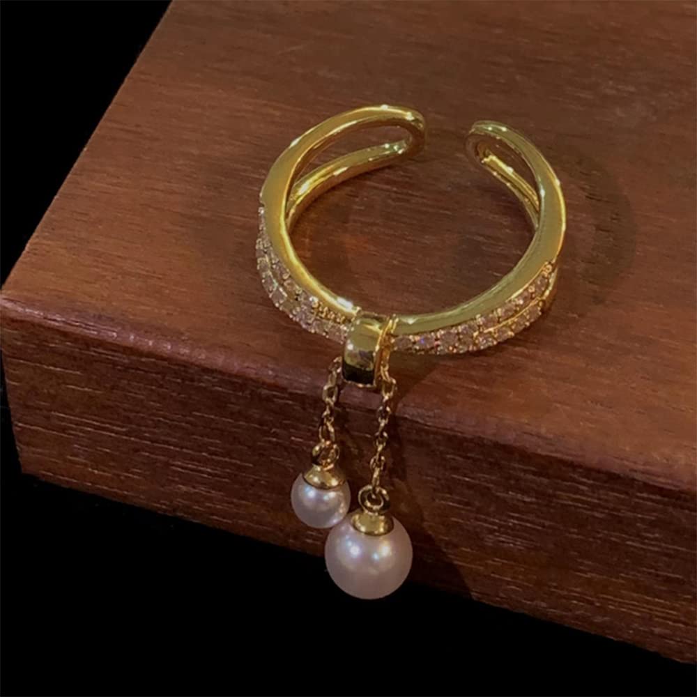 Anillo de cruz de perlas colgantes para mujer, circonita cúbica, ajustable, en capas, enhebrador, borla, anillos de compromiso chian, joyería delicada, regalos, Metal, Zirconia cúbica 6