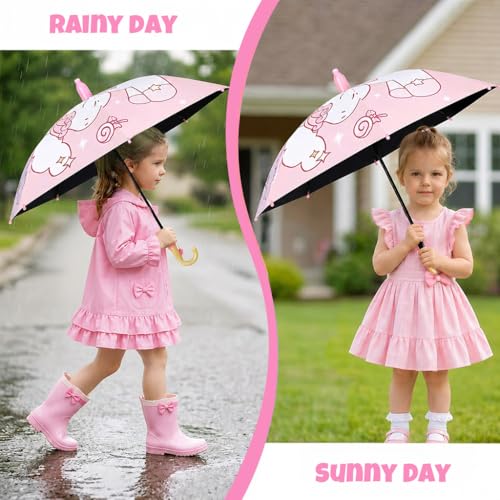 Image of PALAY Kids Unicorn Anime Girl Umbrella with Whistle Handle, 88cm Diameter Cartoon Pink Rain Umbrella for Ages 5-8 Water-Resistant Polyester Canopy, Safe Non-Slip J-Hook Handle Kids Rain Gear