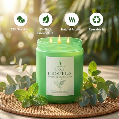 Image of Mint Eucalyptus Large Scented Candle, 3-Wick 22oz Long Lasting Scented Candle, Natural Soy Wax Aromatherapy Candle for Home, Candle Gifts for Women Men