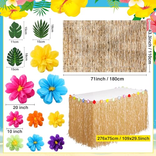 Canlierr 23 Pcs Hawaiian Luau Beach Party Decoration Set, Include Grass Table Skirt Paper Flowers Backdrop 71 x 43 Inch Hawaiian Backdrop 3D Hibiscus Palm Leaves for Aloha Luau Party Supplies