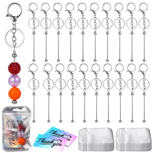 Lnrueg 90 Pcs Beadable Keychain Bars Set 20 Beaded Keychain with 50 Resealable Pouches Bag & 20 Thank You Cards, Metal Keychains for Beads, DIY Crafts