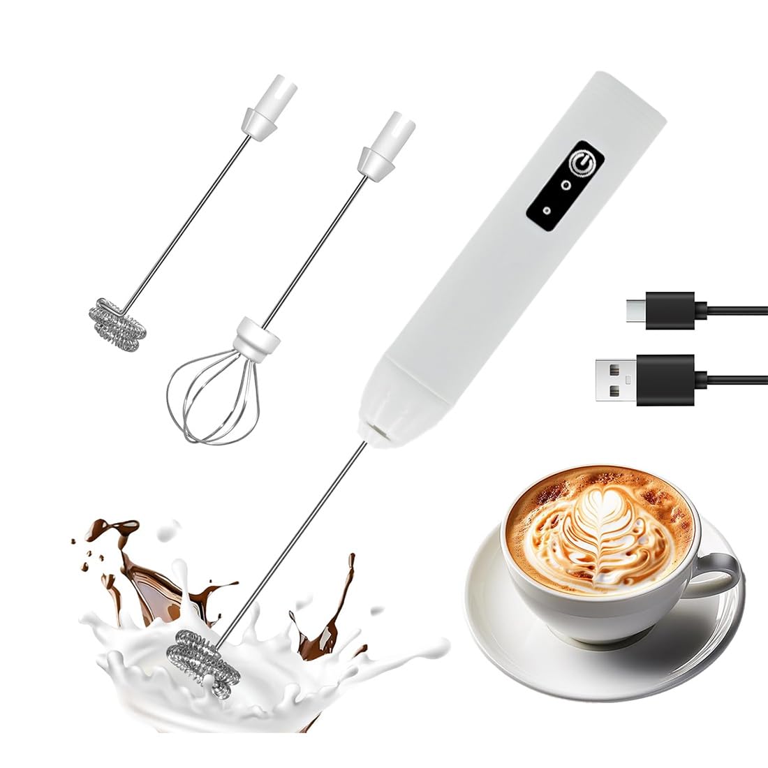Espumador de leche recargable de mano eléctrico de mano con 2 batidores de acero inoxidable y 3 velocidades, mezclador de bebidas de mano para latte, capuchino, chocolate caliente, matcha, huevo