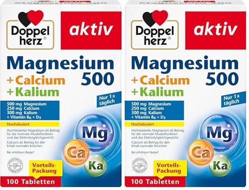 Doppelherz Magnesium + Calcium + Kalium - hochdosiertes Magnesium als Beitrag für die normale Muskelfunktion und das Elektrolytgleichgewicht - 100 Tabletten (Packung mit 2)