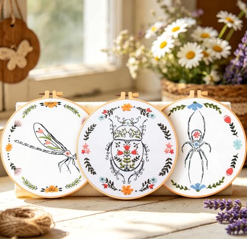 Image of Armindou Hand Embroidery Kits for Beginners Adults, Insect Flowers Embroidery Set Needlepoint Kits, Spider Stamped Cross Stitch Kits for Beginners Adults, 3 Embroidery Hoops (Attached Video Tutorial)