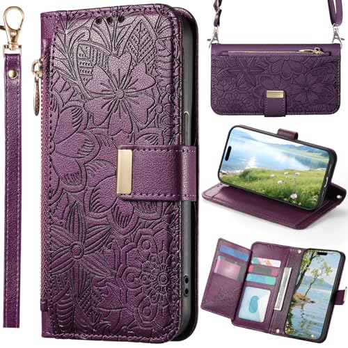 Funda Flor para OPPO A32/Oppo A53 2020, Carcasa magnética con Correa Cruzada, Bolso de Mano con Bolsillo y Cremallera para OPPO A32/Oppo A53 2020-Morado