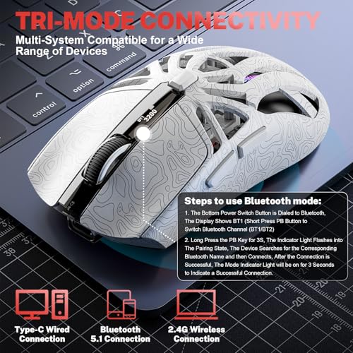 Image of RGB Magnetic Charging Dock Gaming Mouse, 12K DPI, PAW3311 Sensor, Tri-Mode Wireless, 6 Programmable Buttons, Ultra-Light 72g for PC /Mac (White)
