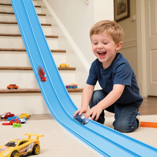 Image of Flexible Race Track for Kids Flexible Car Track 15Ft Race Track Compatible with Diecast 1 /64th Cars, Flex Tracks Roll Up Car Ramp Toy with Strong Suction Cups