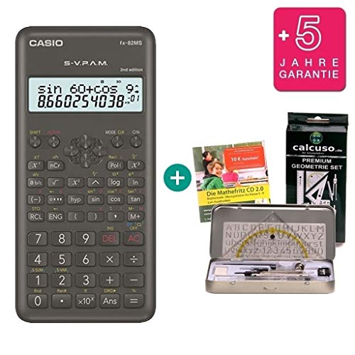 Casio FX-82MS 2 + Extensión de la garantía a 60 meses + Kit de geometría de Calcuso + Mathefritz CD de aprendizaje CALCUSO (alemán)