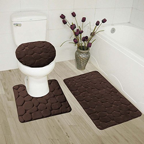 3 Pieces Memory Foam Greek Rock Stone Design Solid Colors Bathroom Rug Set Bath Mat Contour Mat and Lid Cover (Brown)