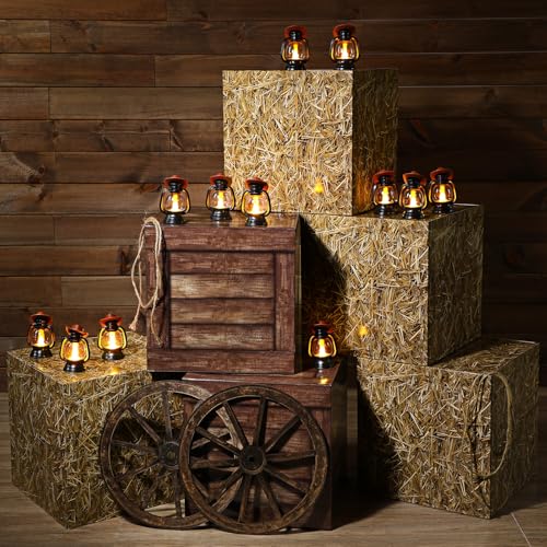Ferraycle 32 Pcs Western Themed Party Decor Mini Cowboy Hat Lantern Western Boxes Wooden Wagon Wheels Hay Cowboy Table Centerpiece for Adults Rustic My First Rodeo Farmhouse Country Party Accessory