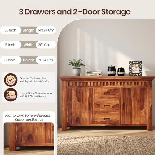 Image of SHIKHA WOOD CRAFT Solid Sheesham Wood Sideboard Cabinet with 2 Doors and 3 Drawers | Wooden Kitchen Cabinet, Crockery Unit, Dining Room Organizer, Living Room Storage Furniture (Kuber Natural Finish)