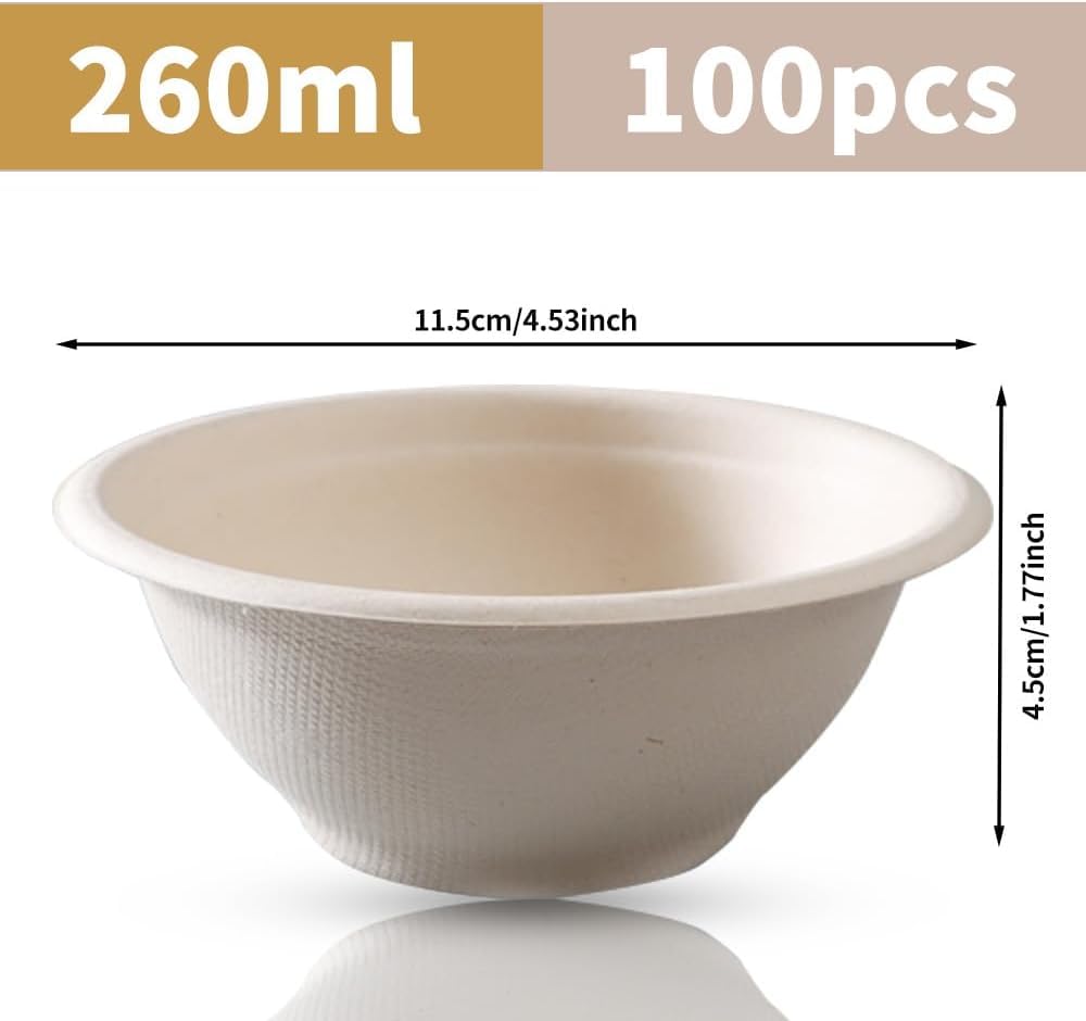 100 ciotole ecologiche usa e getta, 260 ml, ciotole di carta usa e getta, stoviglie usa e getta in canna da zucchero, ciotola per zuppa biologica, compostabile (marrone)