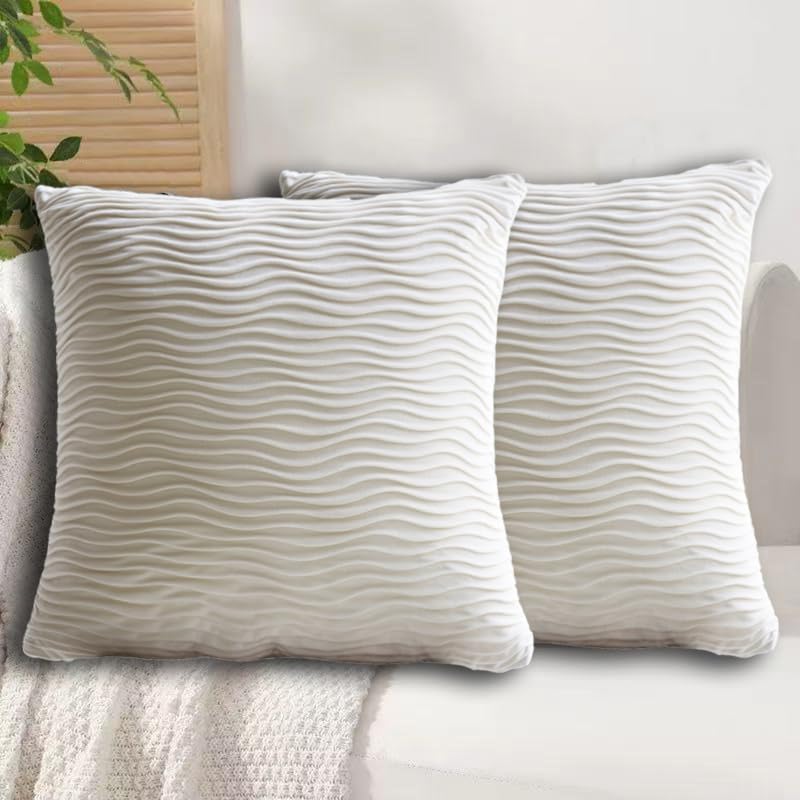 Cream Striped Throw Pillow Covers Boho Decorative Velvet Pillow Covers with Pleated Textured for Couch Sofa Living Room 18x18 Inch Pack of 2