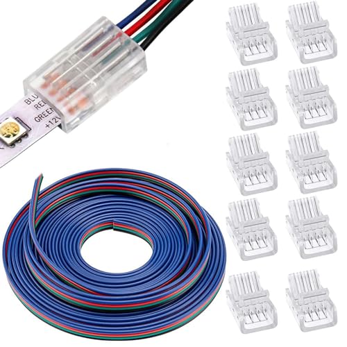 RUNCCI-YUN 5050 4 Pin 10mm RGB LED Light Connector Kit, Includes 5 M led Extension Cable,4 Pin LED Light Connector,Gapless Connector, for 10mm LED Strip to Wire Quick Connection