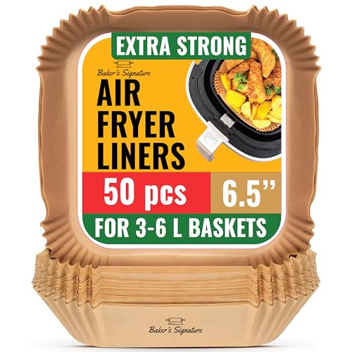 Air Fryer Liners, 50Pcs 6.5” Square, Non-Stick and Oil Proof for Easy Cleanup, Airfryer Liners Disposable Compatible with COSORI, Ninja, Tefal Fryers by Baker's Signature
