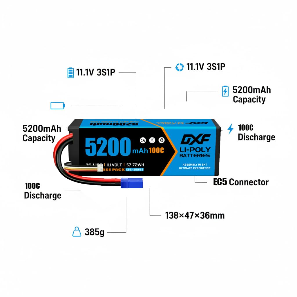 DXF 3S LiPo akumulator 11,1 V 100C 5200 mAh twarda bateria ze złączem Deans T do samochodów RC, samolotów RC, helikopterów RC, hobby RC (2 opakowania)