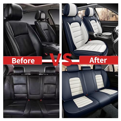 Image of Fit for Sedan SUV Pick-up Truck,Automotive,Ice Slik Nappa Leather Car Seat Covers,Waterproof Durability Washable Seat Covers,5 Seat Complete Set Standard Full Coverage Car Seat Cover(Blue & White)